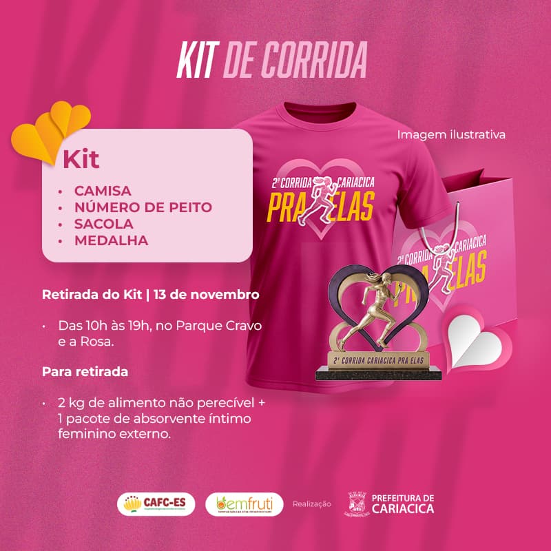 Kit da 2ª Corrida Cariacica Pra Elas: camisa, número de peito, sacola e medalha