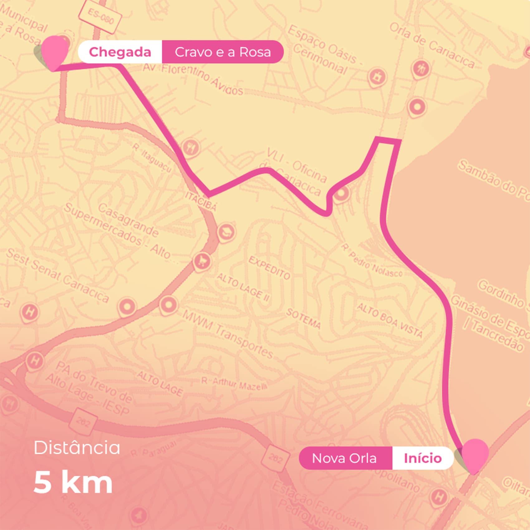 Mapa do trajeto da 2ª Corrida Cariacica Pra Elas — Orla até o Parque O Cravo e A Rosa